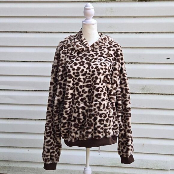Brown/Tan Faux Fur Leopard Print Hoodie - Picture 1 of 8